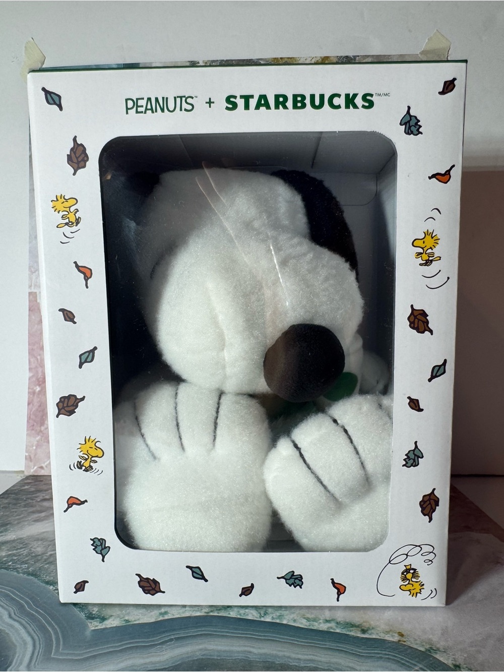 Starbucks White Snoopy Plush Dog Toy with Black & Brown Accents